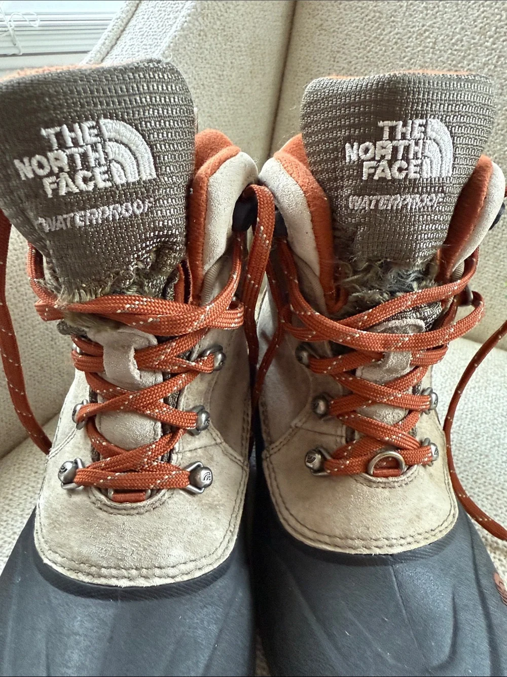 The North Face Kids Tan and Orange Insulated Hiking Boots kids 4